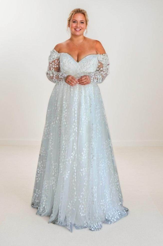 A-Line Sweep-Brush Train Lace Wedding Dress CW3488 - COCOMELODY